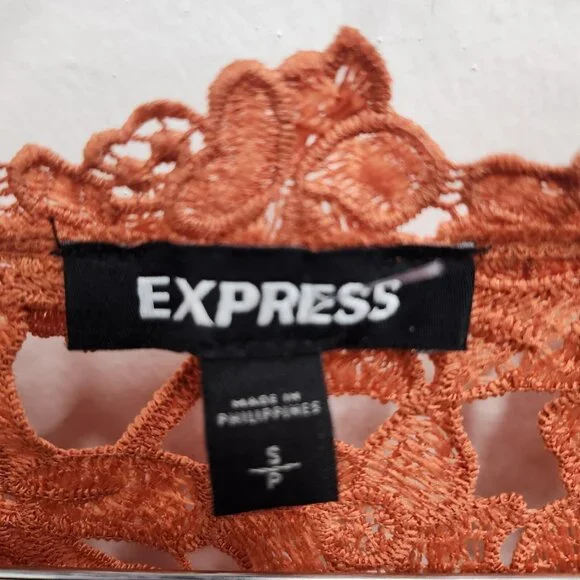 Express Womens BOHO Blouse Top Small Orange Crochet Long Sleeve Festival - Picture 3 of 10